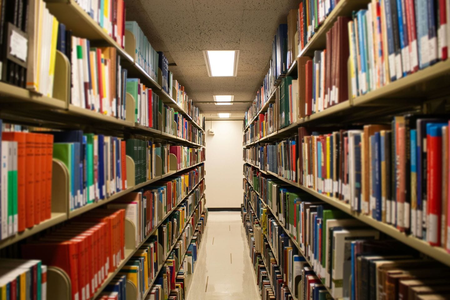 Aisle between the shelves of an academic library with the vanishing point in the middle of the picture
