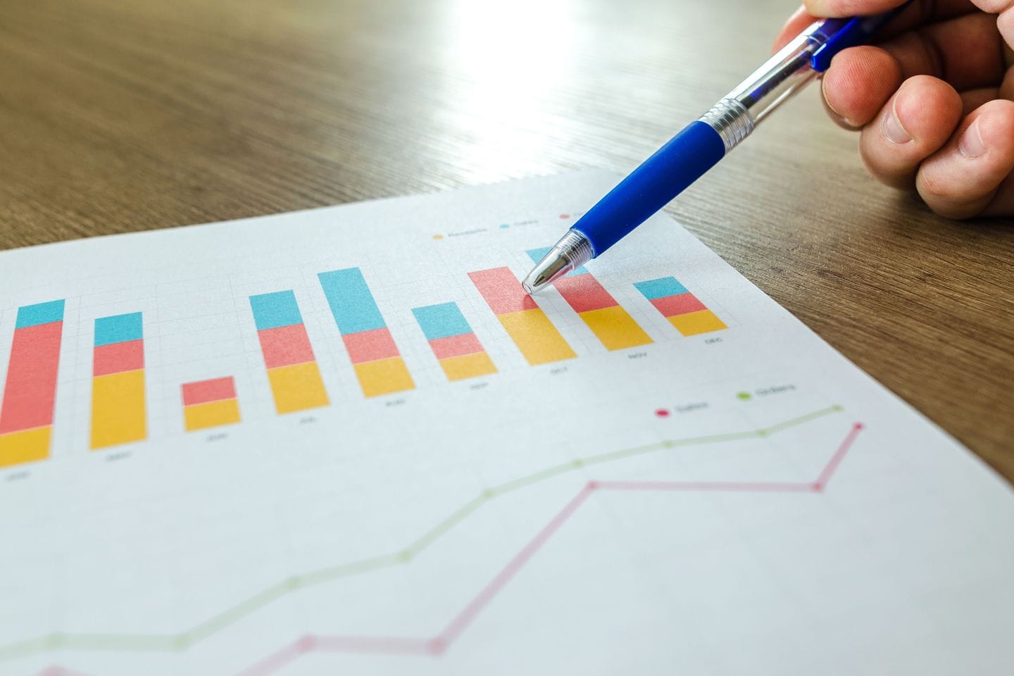 Ballpoint pen pointing at a printed bar and line chart