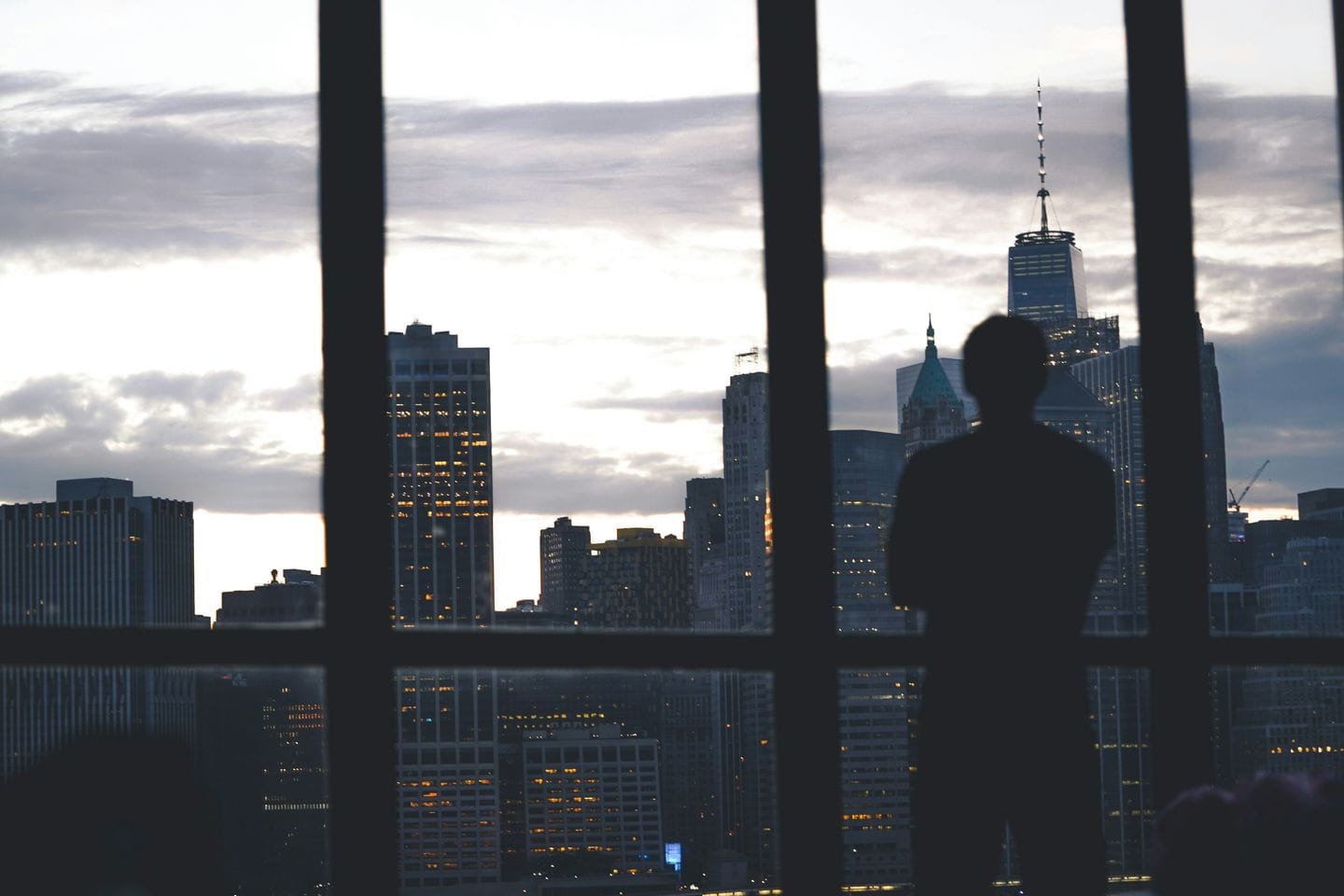 Silhouette of a person at a window in front of a high-rise skyline at dusk