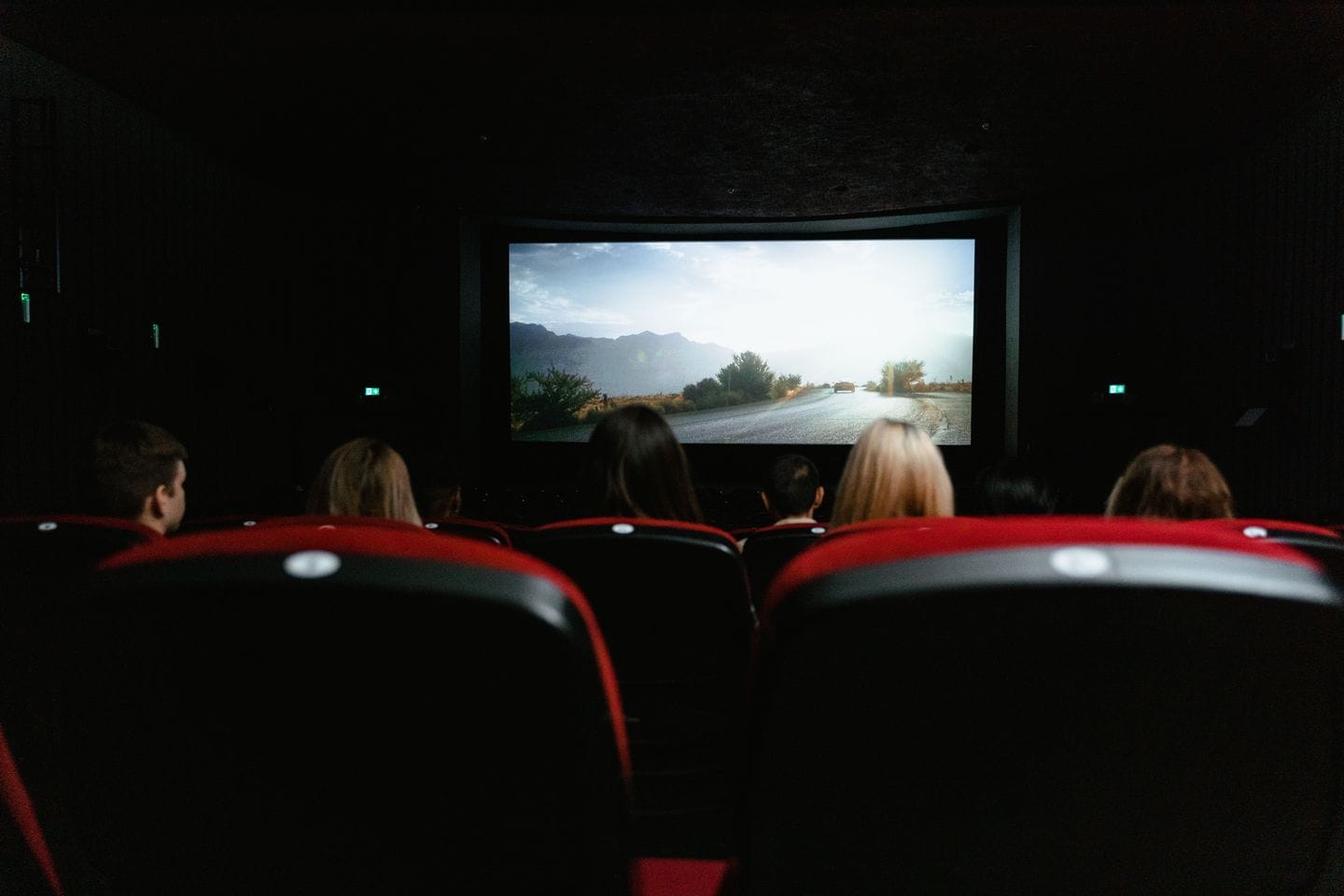 Audience seen from behind in a dark hall in front of a brightly lit screen